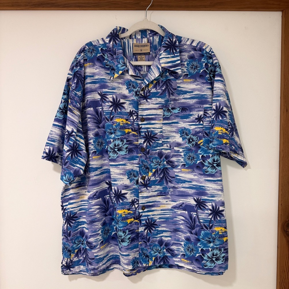 High Sierra Tropical Hawaiian Shirt Mens XL Blue‎ Purple Palm Tree | Coastal